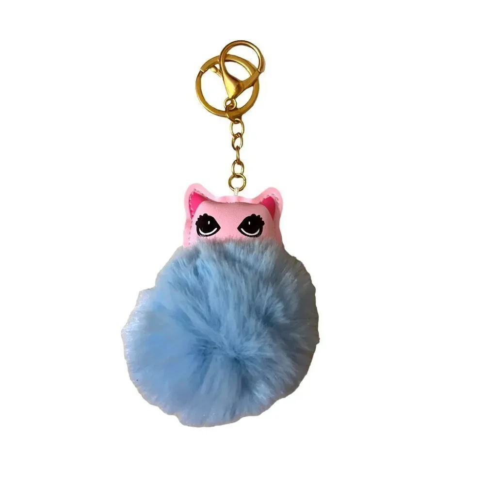 Kitty Cat Faux Leather Pompom Key Ring Purse Charm